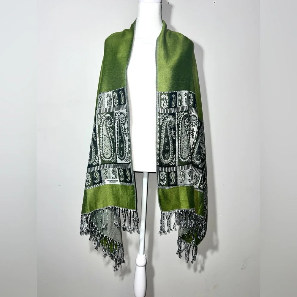 Women's Paisley Green Pashmina Shawl Wrap Scarf Long Fringe